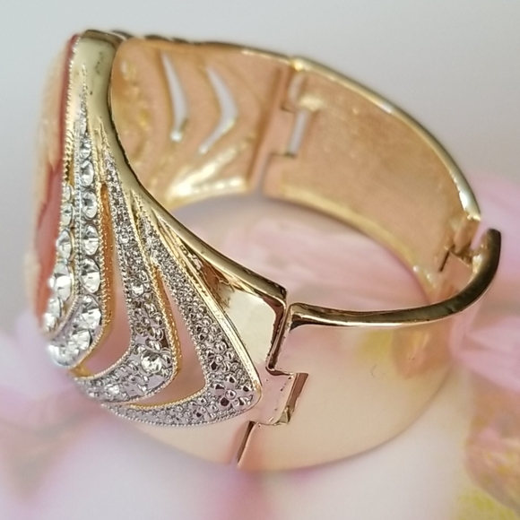 Amedeo Cameo Rhinestone Gold Tone Cuff Bracelet - Picture 5 of 16